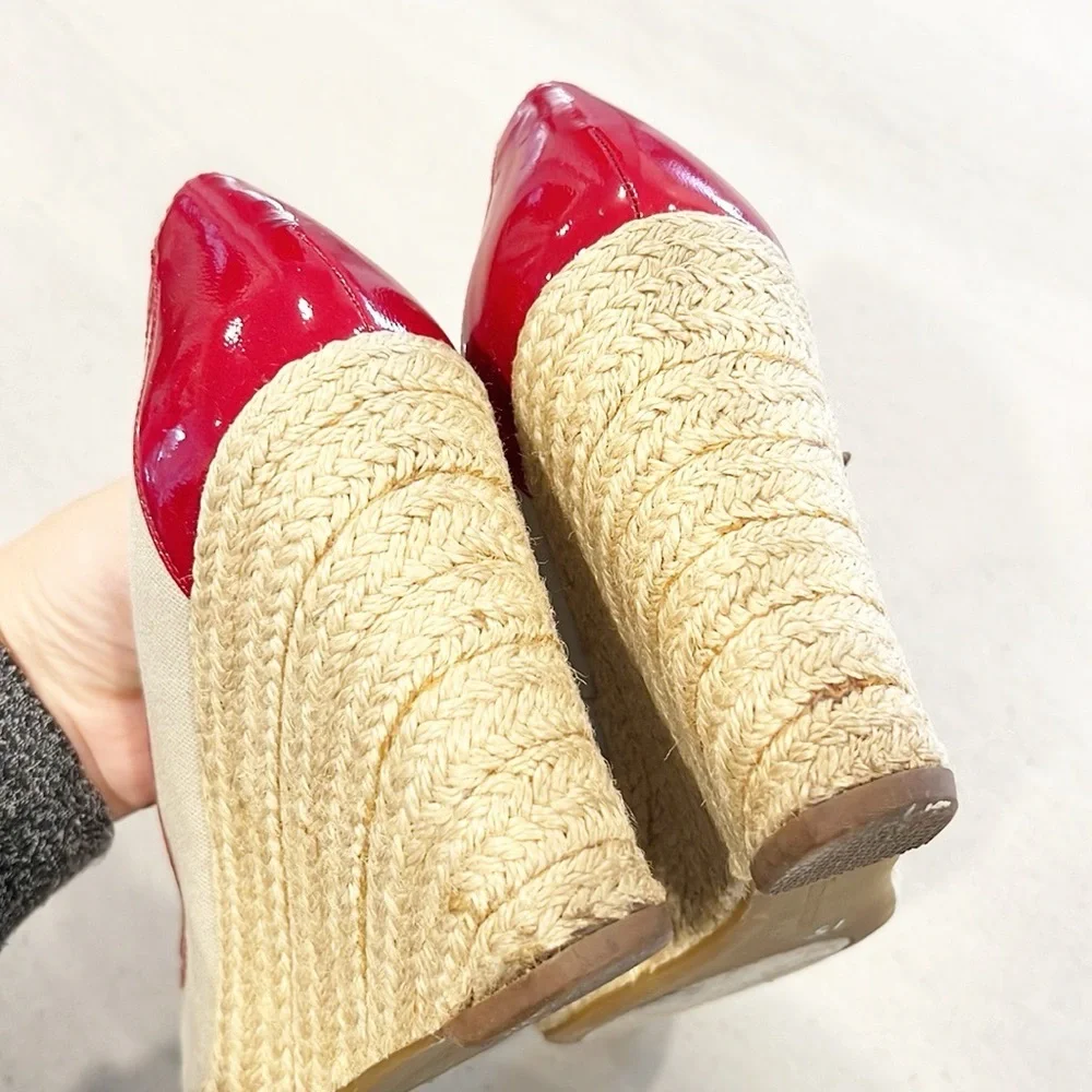 Enzo Angiolini Wedges Espadrille red and tan Patent Leather heels size 7.5